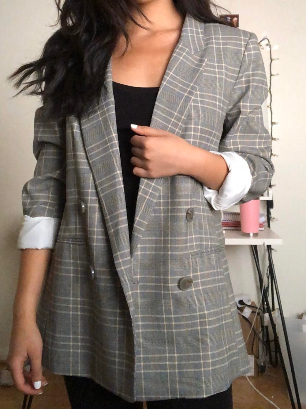 H&M Gray Plaid Double-Breasted Longline Blazer